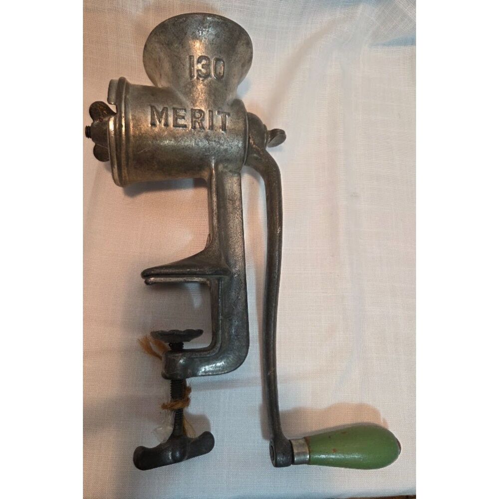 Vintage Merit 130 Hand Crank Meat Grinder Food Chopper w 5 Plates Table Clamp